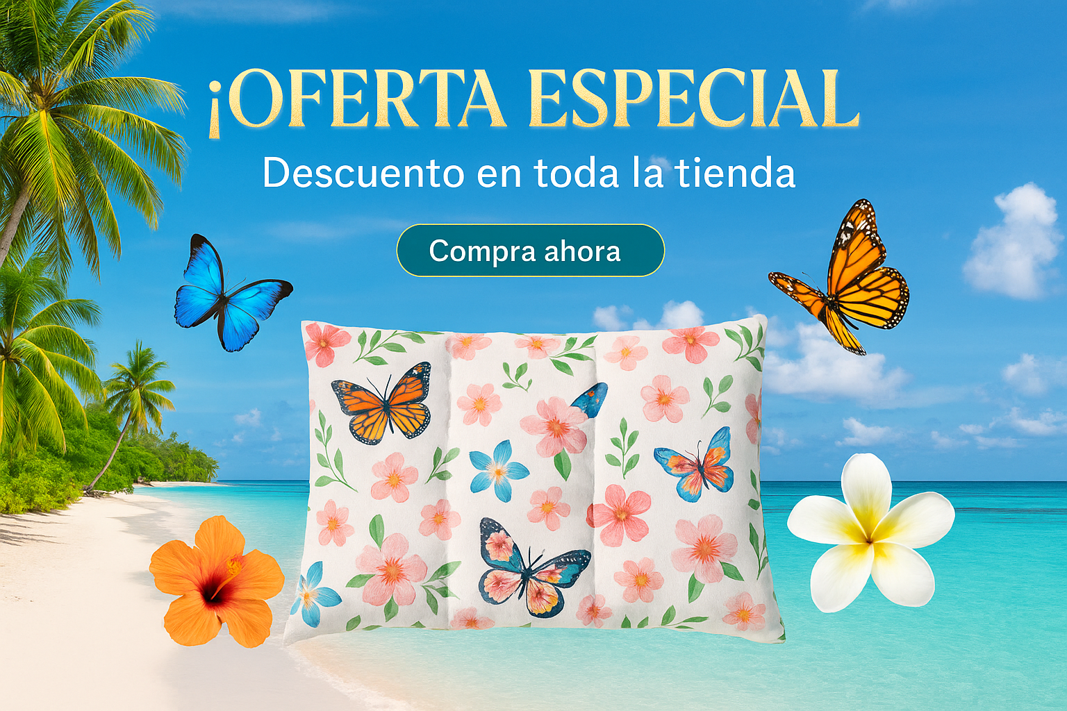 Banner promocional tropical para Cojín Multiuso + Bolsita Contenedora Mariposas/Flores